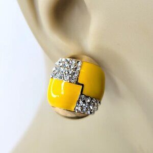 Yellow And Gold Oval  Earrings with Clear Crystals Small Yellow Earrings